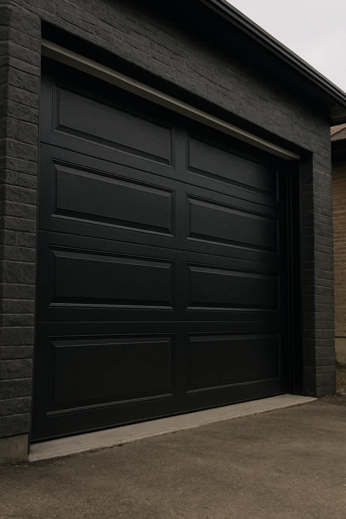 Black raised panel garage door on dark brick home exterior