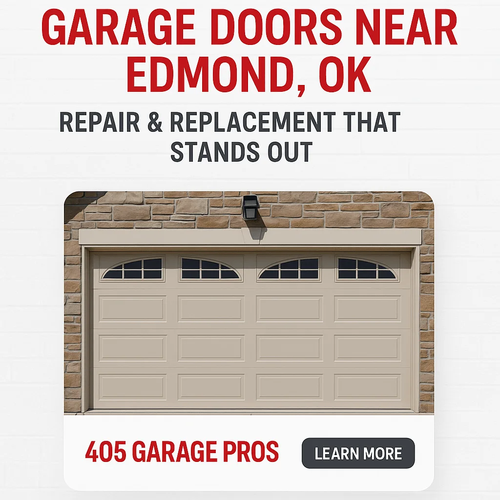 Modern garage door with promotional overlay text advertising repair and replacement services near Edmond, OK
