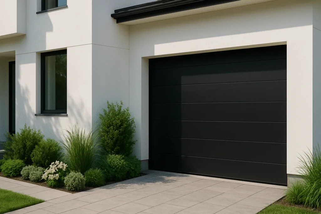 Modern black garage door on a white house with clean landscaping and tiled driveway