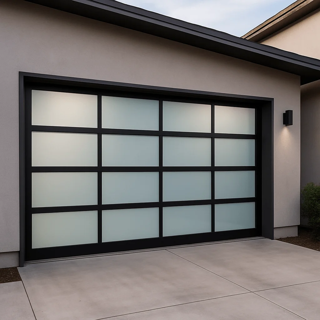 Contemporary garage door with black frame and frosted glass panels in Edmond, OK